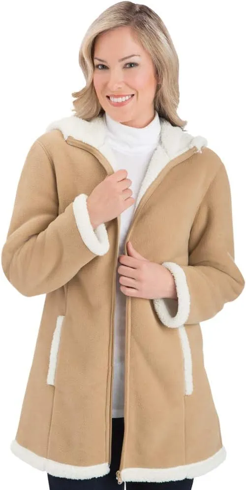 Collections Etc Women's Polar Fleece Sherpa Lined Zip Up Coat Beige Large