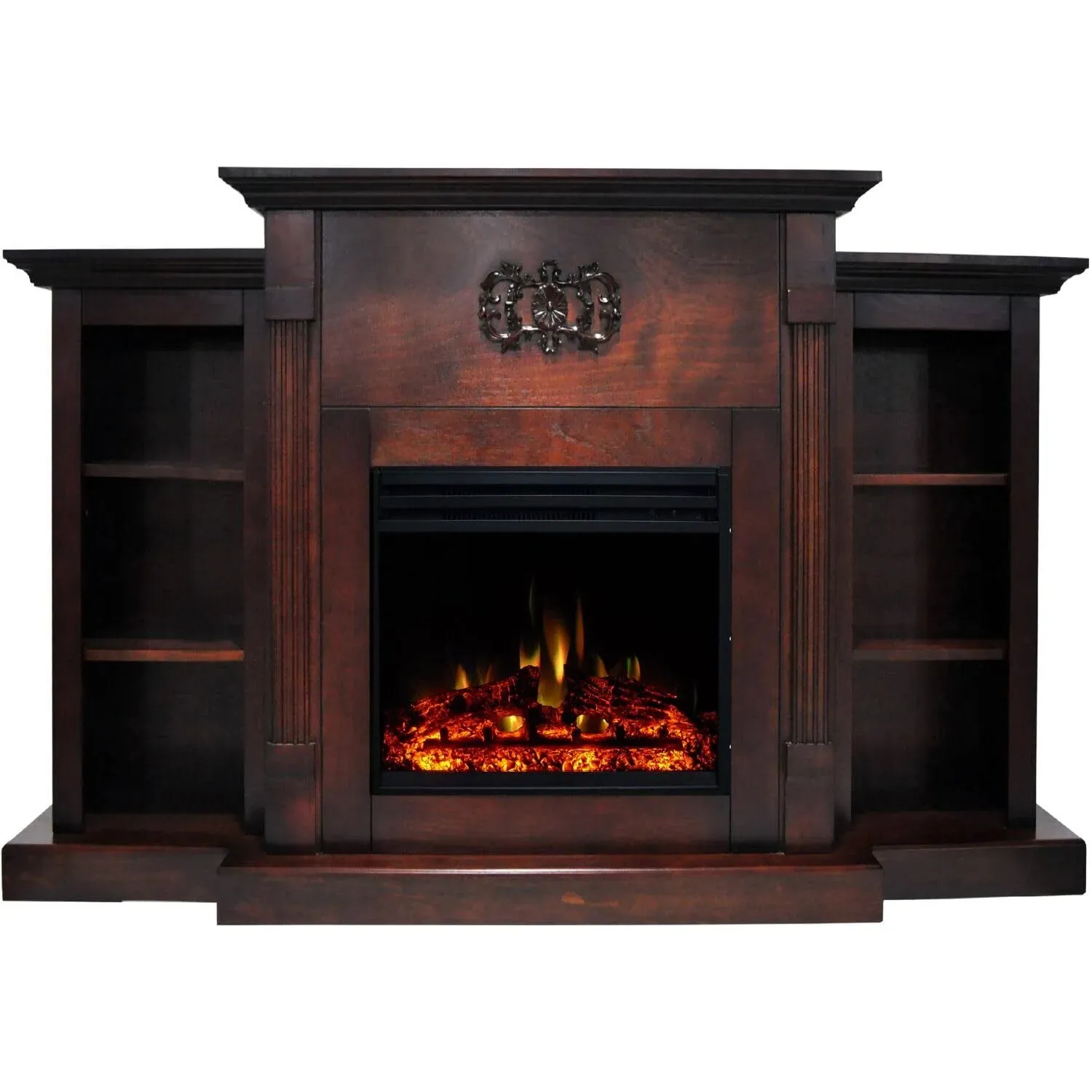 Hanover Classic Electric Fireplace with 72-In. Mahogany Mantel, Bookshelves, Deep ...