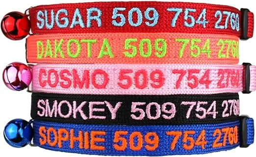 GoTags Personalized Cat Collars with Breakaway Safety Release Buckle, Custom Embroidered Cat Collar with Pet Name and Phone Number, Adjustable Nylon ID Collar with Bell for Cat or Kitten