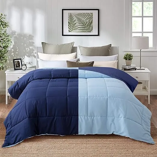 EVOLIVE All Season Pre Washed Soft Microfiber White Goose Down Alternative Comforter with Box Stitching (Navy/Light Blue, Twin)