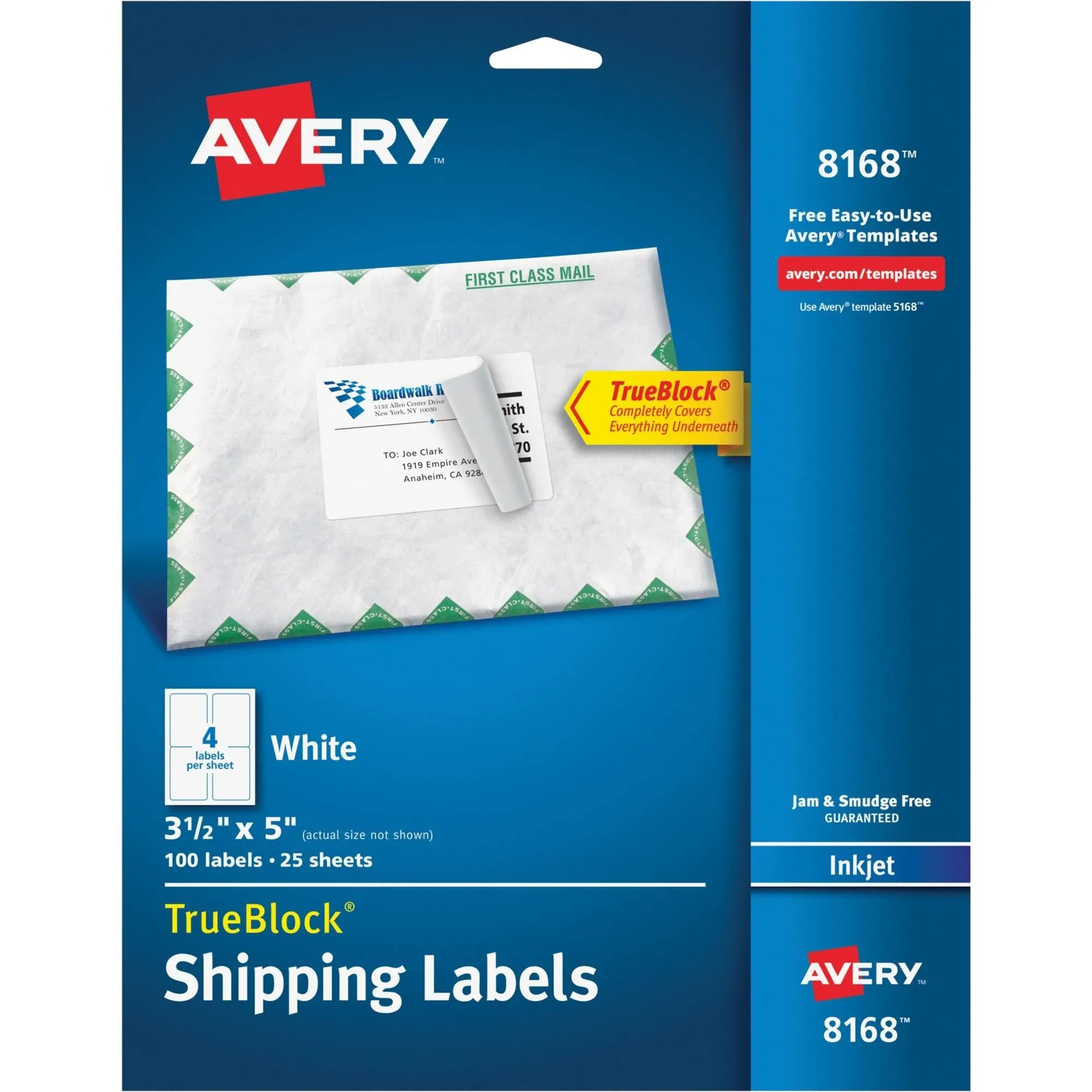 Avery&reg; TrueBlock&reg; Shipping Labels With Sure Feed&reg; Technology, 8168, Rectangle, 3-1/2&quot; x 5&quot;, White, Pack Of 100