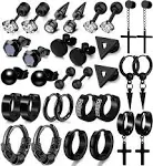 16 Pairs Men Earrings Set - Black Stainless Steel Cross Dangle Hoop &amp; Ear Stud F