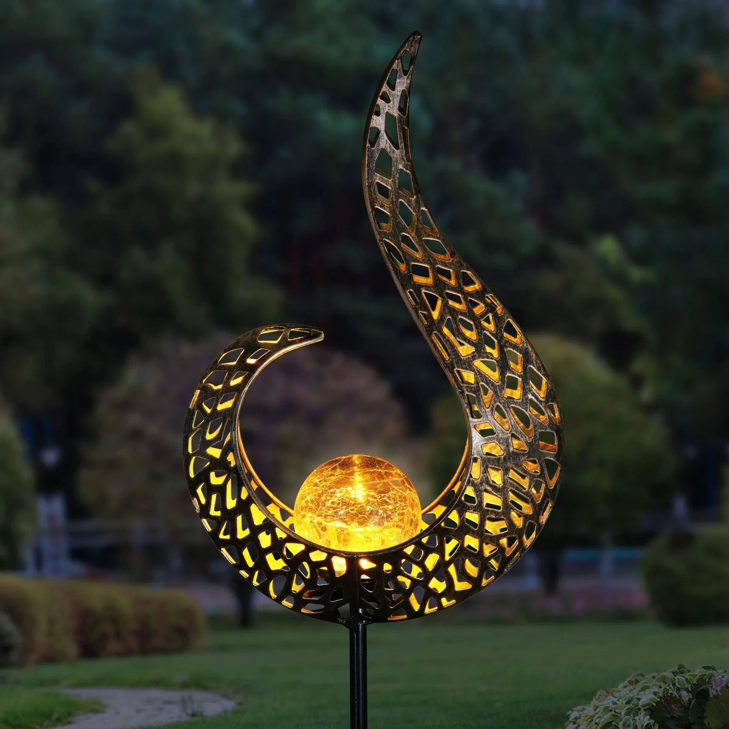 Exhart Solar Filigree Open Flame 2.92 ft. Gold Metal Garden Stake