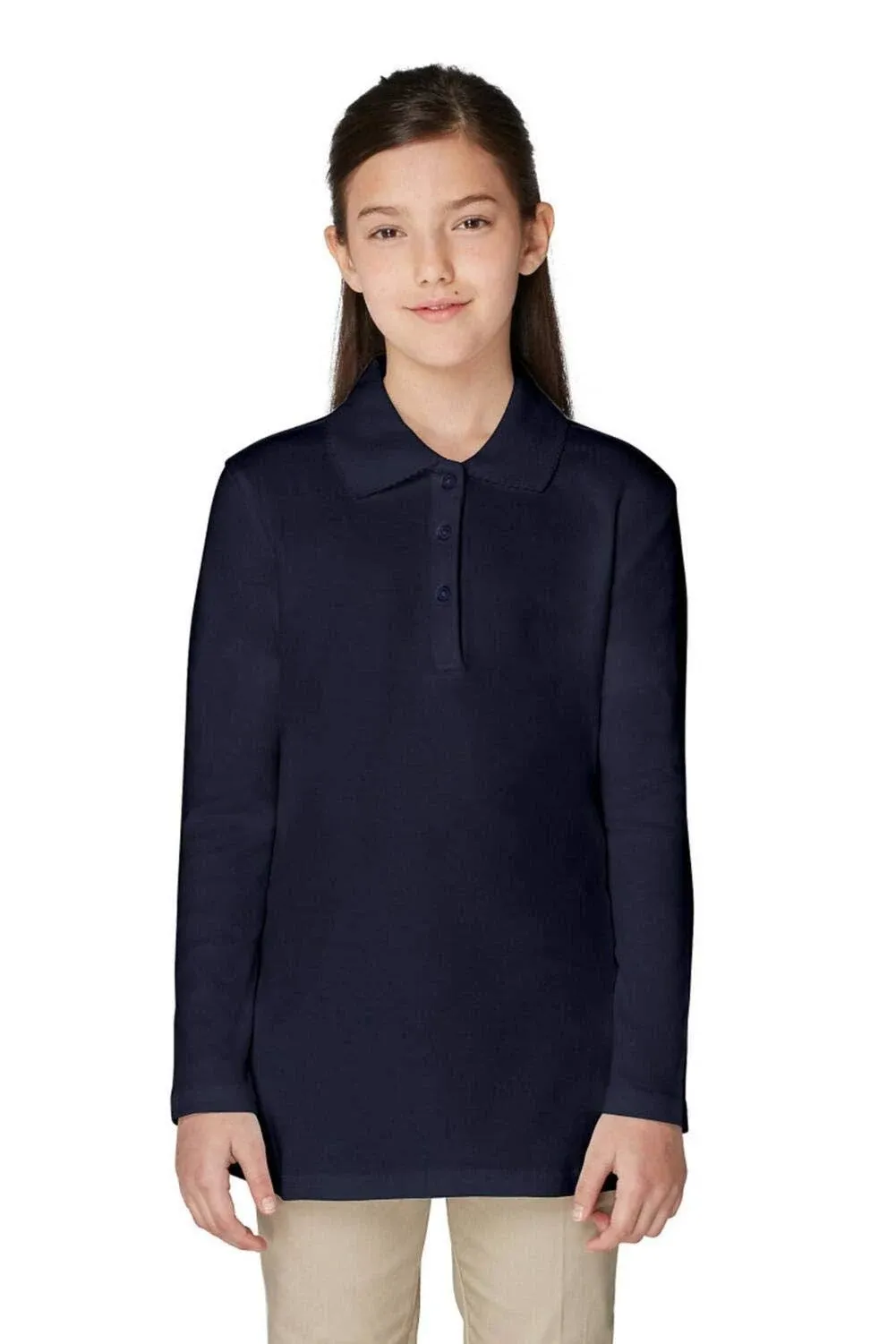 French Toast Plus Girls Long Sleeve Interlock Knit Polo with Picot Collar - Navy