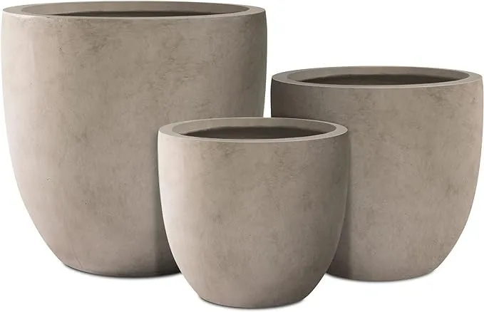 Kante 18", 14", and 10" W Weathered Concrete Round Planters (Set of 3), Outdoor Indoor Modern Planter Pots, Lightweight, Weather Resistant, Seamless with Drainage HoleKante 18", 14", and 10" W Weathered Concrete Round…