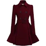 ForeMode Women Swing Double Breasted Wool Pea Coat with Belt Buckle Spring Mid-Long Long Sleeve Lapel Dresses Outwear