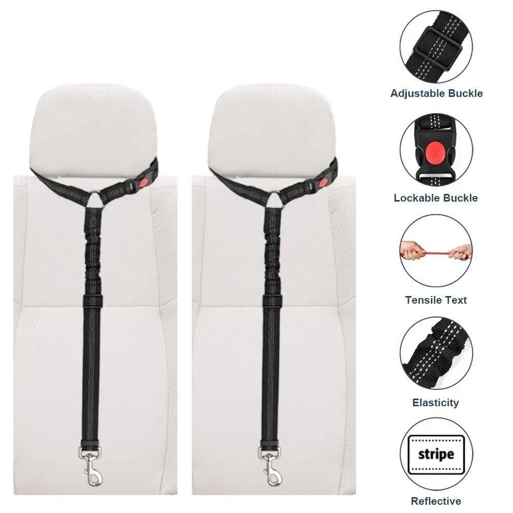 Lukovee Dog Car Seat Belt, 2 Pack Headrest RESTRAINT Seatbelt, Adjustable Pet Safety Leads with Reflective Elastic Bungee for Dog Harness Collar Tra