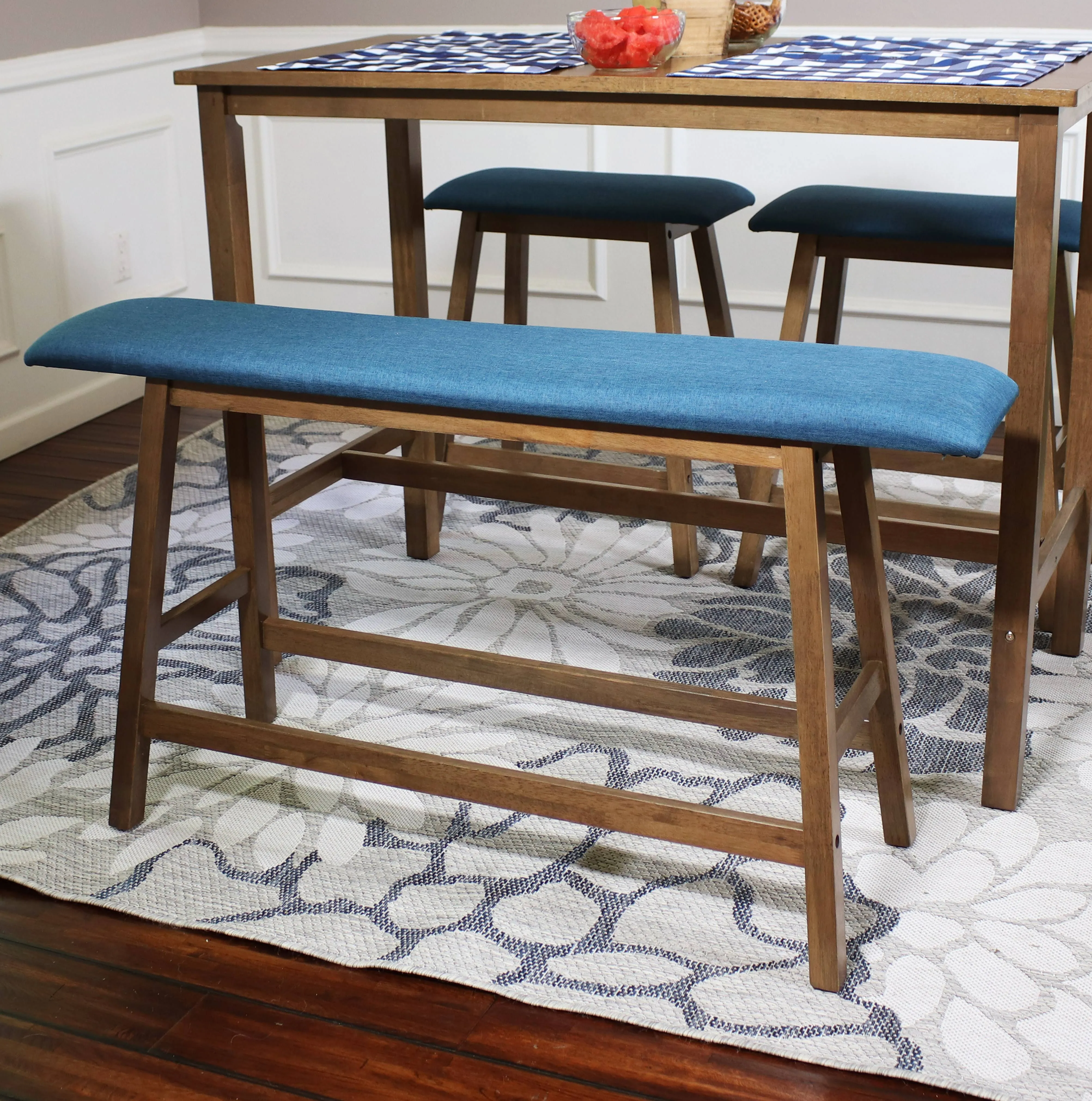 Wooden Counter-Height Indoor Dining Bench - Weathered Oak Finish with Blue Cushion