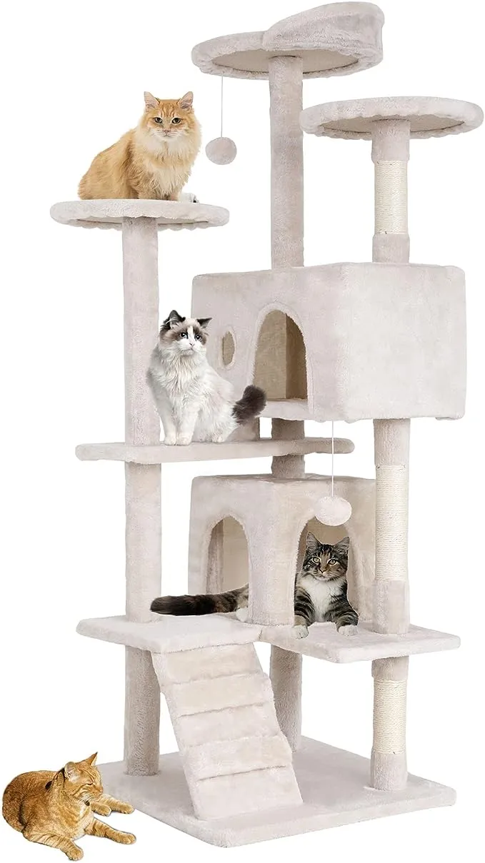 Bestpet 54in Multi-Level Cat Tree Tower Furniture Activity Center with Scratching Posts, Toys and Condo for Indoor Kittens, Beige