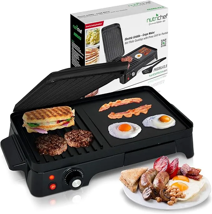 NutriChef Electric Griddle-Crepe Maker Hot Plate Cooktop with Press Grill for Paninis, Ones size, Black