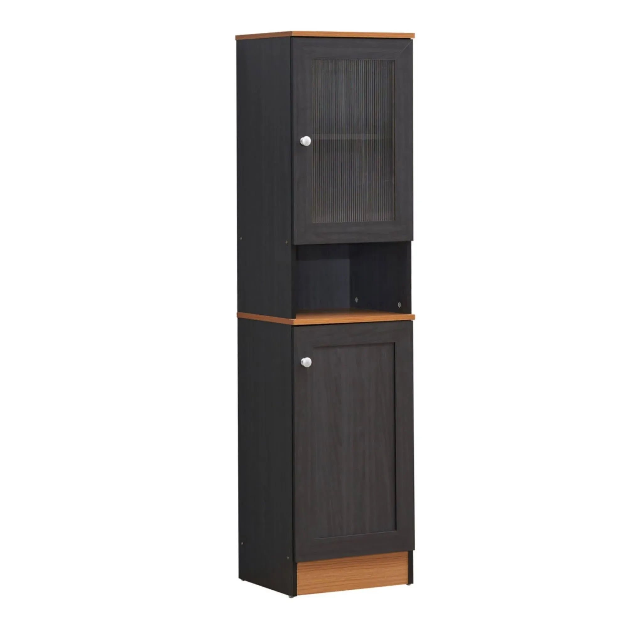 63" Tall Slim Open Shelf Plus Top and Bottom Enclosed Storage Kitchen Pantry in Black-Beech