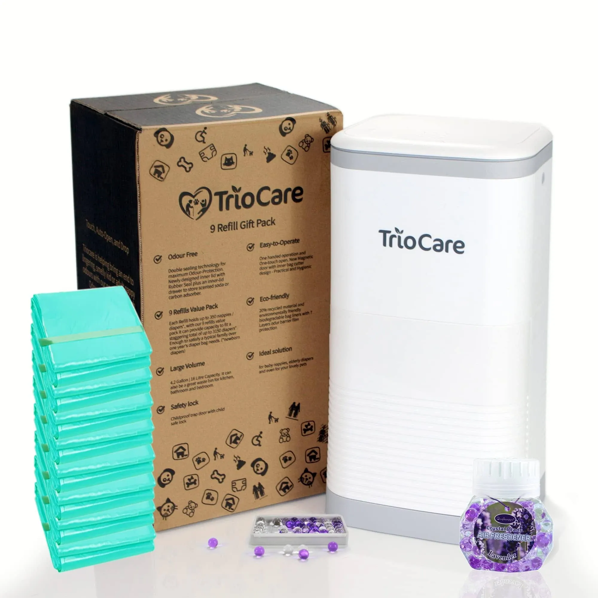 Triocare Odor Locking Diaper Pail White Lavender Scent 12 Month Refill Supply