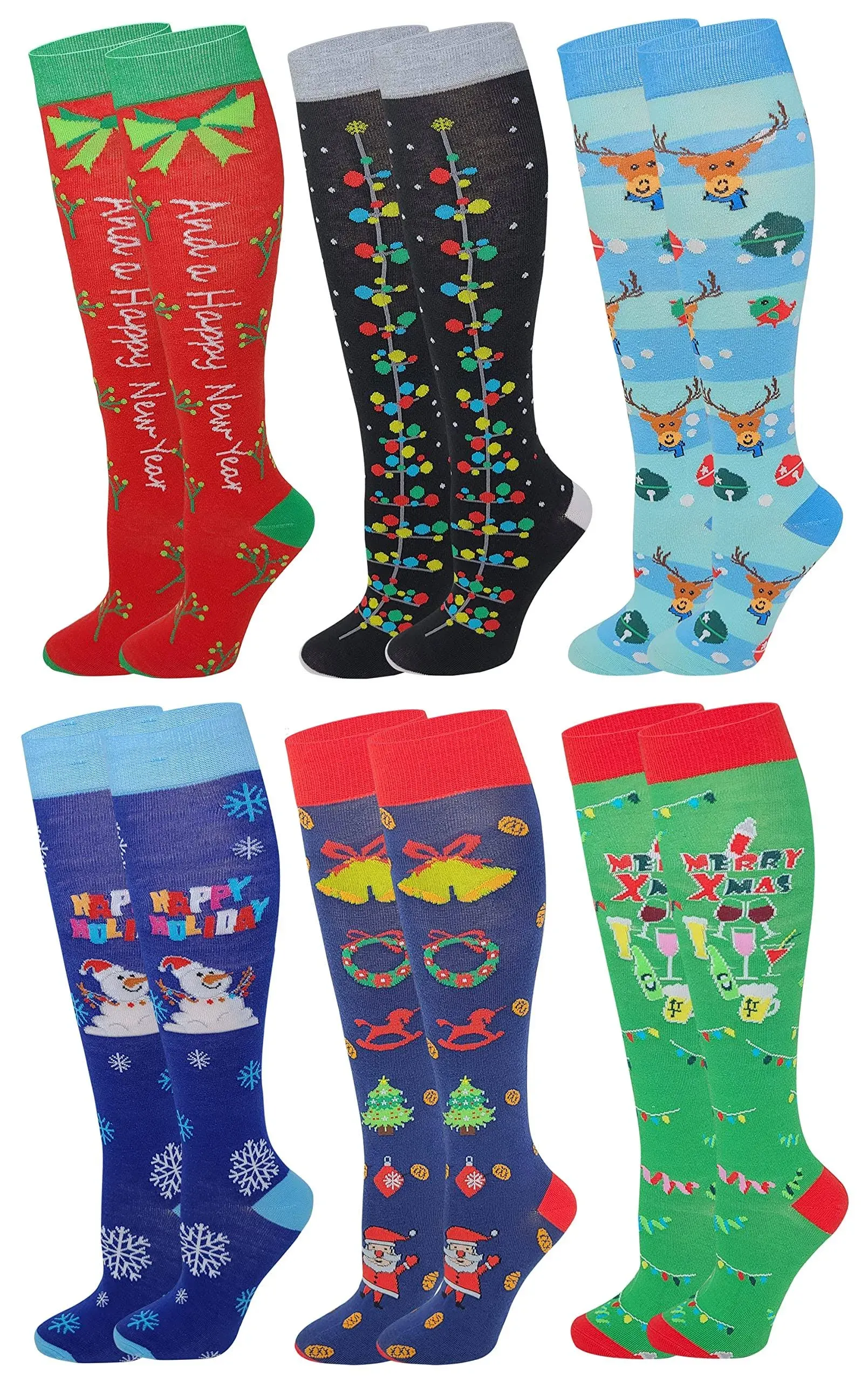 Sumona 6 Pairs Women's Fancy Design Multi Colorful Patterned Knee High Socks