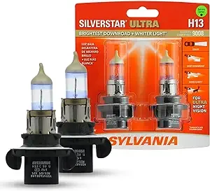 SYLVANIA - H13 SilverStar Ultra - High Performance Halogen Headlight Bulb, High Beam, Low Beam and Fog Replacement Bulb, Brightest Downroad with Whiter Light, Tri-Band Technology (Contains 2 Bulbs)