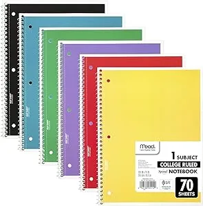 Mead - Spiral Notebook, 1 Subject, Medium/College Rule, Assorted Covers, 10.5 x 8, 70 Sheets, 6/Pack