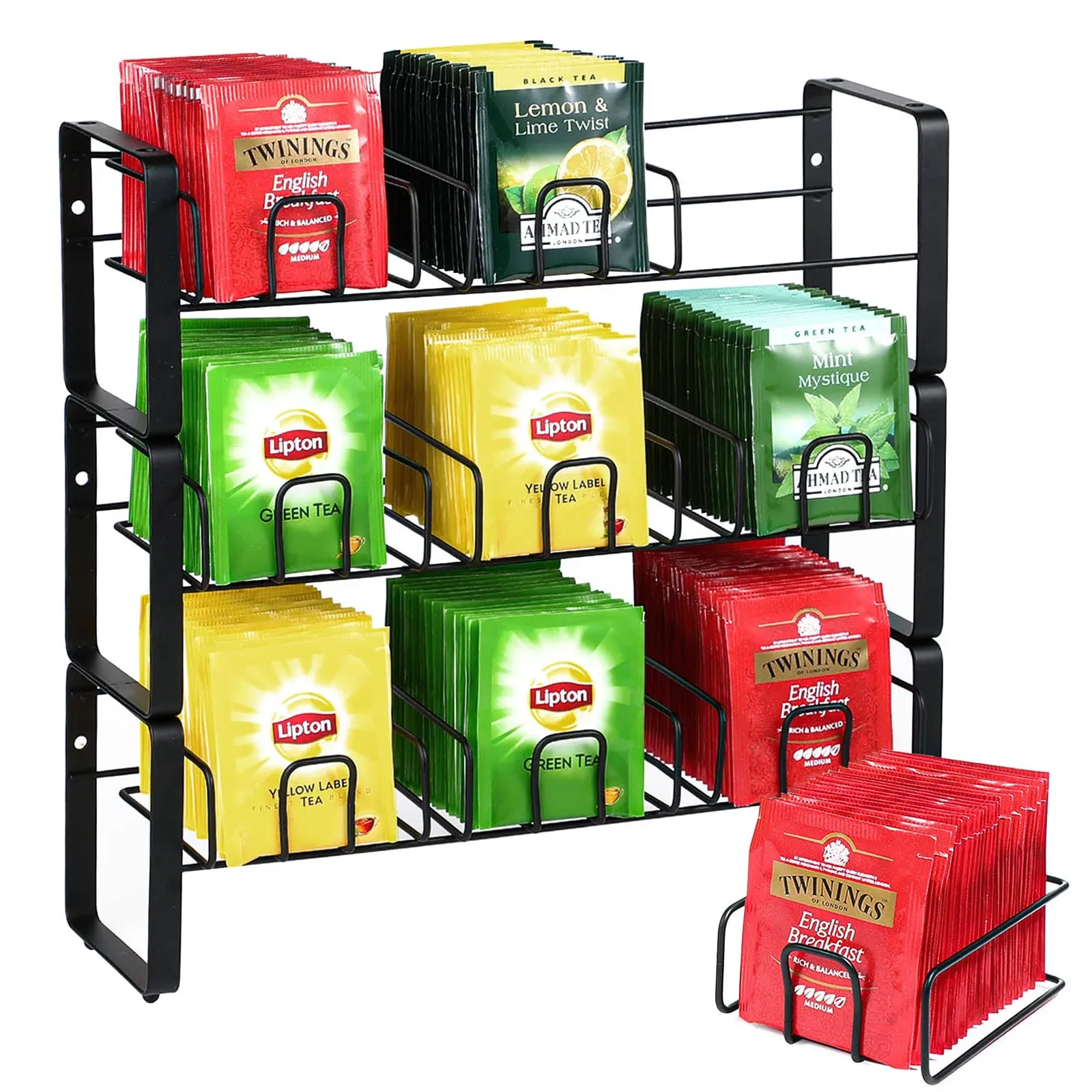 Koluti Tea Bag Organizer Holder 3 Tier, Stackable Tea Storage Rack Stand Wall Mounted with Removable Tray Basket, Coffee and Sugar Packet Box