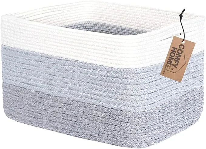 COMFY-HOMI Cotton Rope Woven Basket With Handles for Shelves, Toy, Book, Cloth Storage Basket for Organizing|NEW 13.5" x 11" x 9.5" Decorative Nursery Cube Bin for Living Room（White/3-Tone Grey）