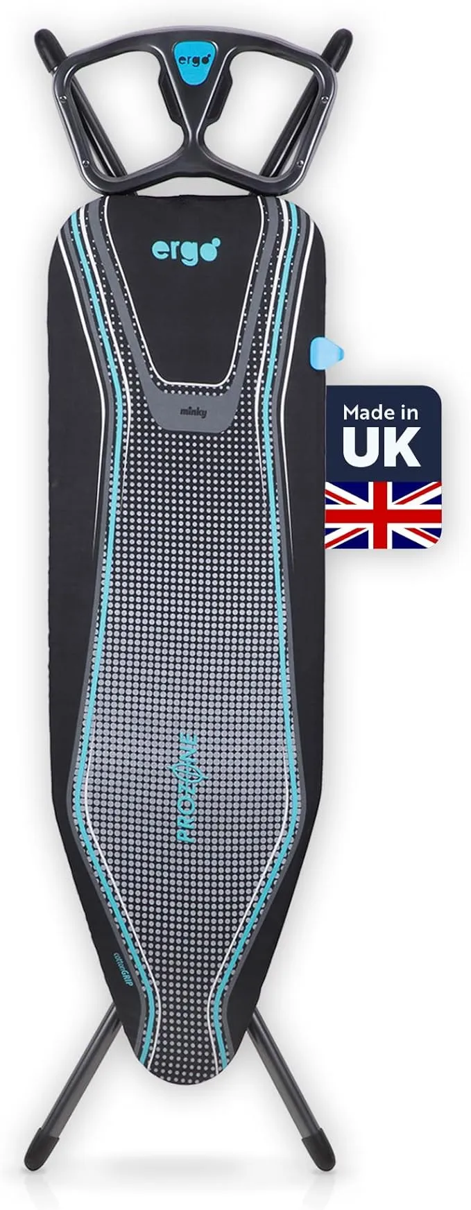 Minky Ergo Prozone Ironing Board | Made in UK | Dual Iron Rest, Heat Reflective Cover, Thick Felt Underlay - Freestanding Ironing Board with Large 48" x 15" Ironing Surface (Gunmetal and Blue)