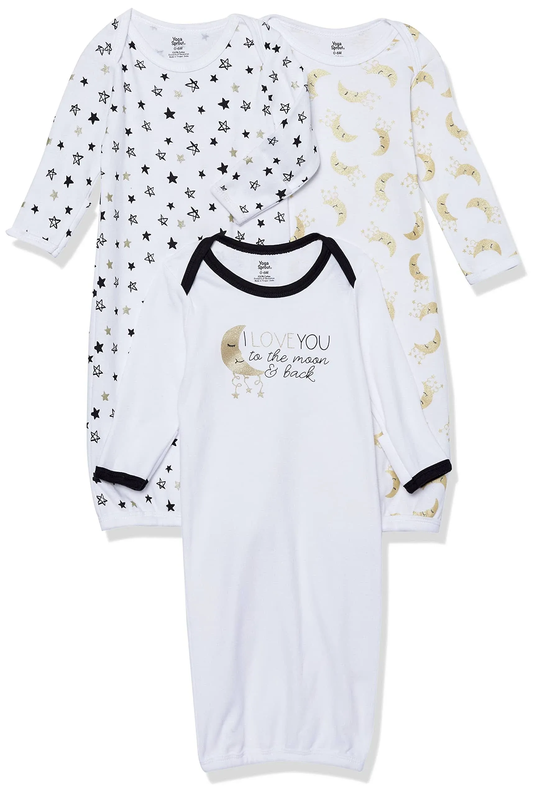 Yoga Sprout Baby Cotton Long-Sleeve Gowns 3pk, Metallic Moon, Preemie