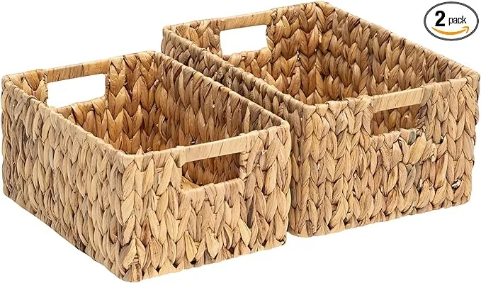 FairyHaus Wicker Baskets 15x11x7 & 13.4x9.5x6.5, 2 Pack Handmade Big Wicker Storage Basket with Handles, Natural Water Hyacinth Wicker Baskets for