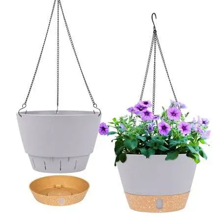 Qcqhdu 2 Pack Hanging Planters Set,10 inch Indoor Outdoor Hanging Plant Pot Basket,Hanging Flower Pot with Drainage Hole with 3 Hooks for Garden Home(