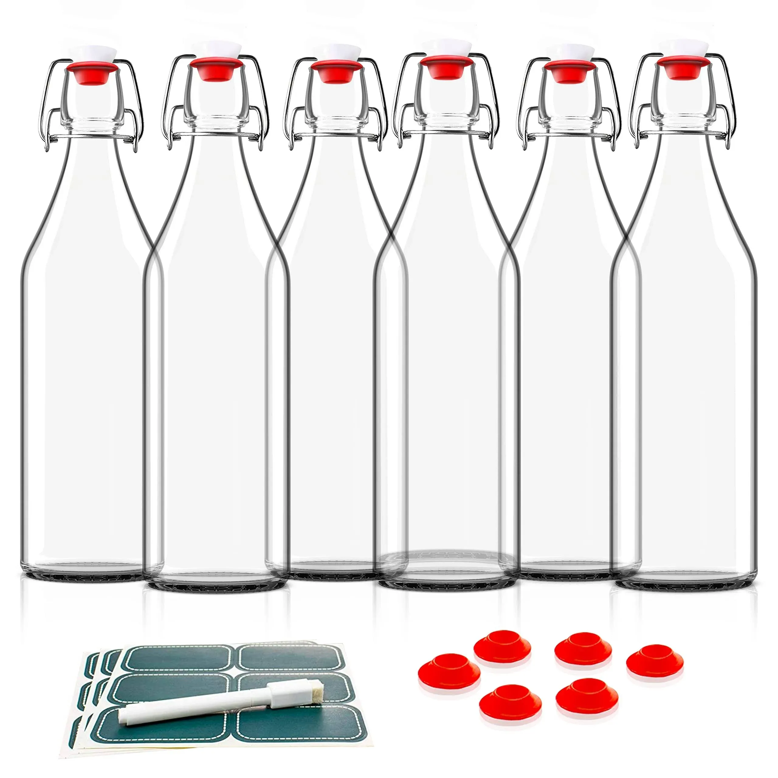 Otis Classic Swing Top Glass Bottles - Set of 6 16oz w/ Marker &amp; Labels - Clear