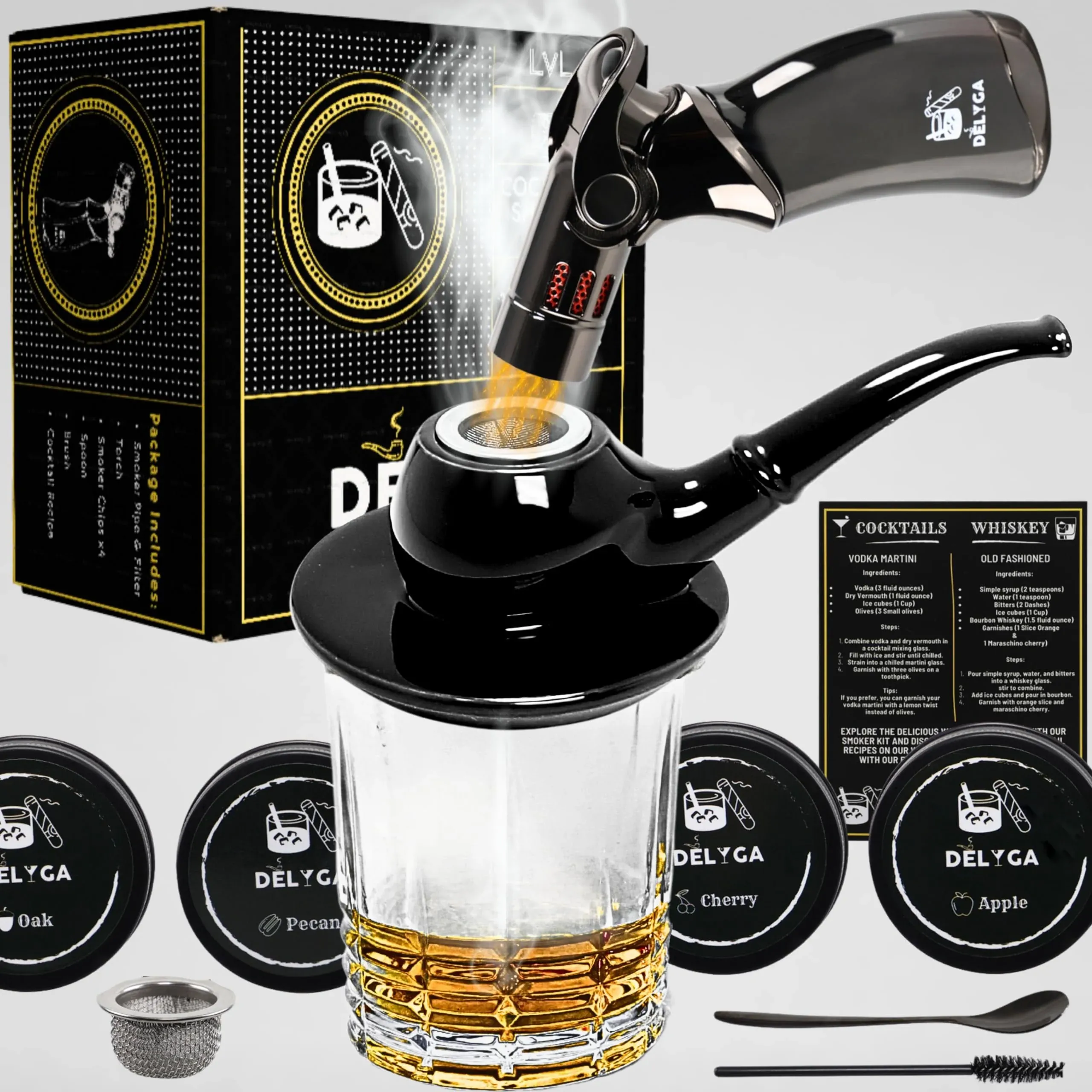 Cocktail Smoker Kit with Torch  Pipe-Shaped  Whiskey Smoker  4 Wood Chips Flavors  Gifts for Dad  Gifts for Men  Old Fashioned  Bourbon Infuser Gift Kit (DELYGA LvL 1 - Ceramic Shiny Black -No Butane)