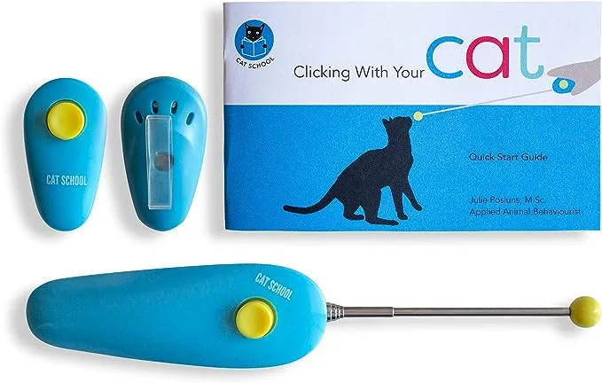 Cat School Clicker Training Kit - 1 Cat Training Clicker, 1 Target Stick, 1 Step-by-Step Instruction Booklet - Clicker Tools for Cat Training, Fist