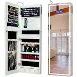 KEDLAN Upgraded Jewelry Organizer with Bluetooth Speaker, Wall/Door Mounted Jewelry Armoire, Full Length Lighted Mirror with Jewelry Cabinet,Jewelry Box with Time and Temperature Display