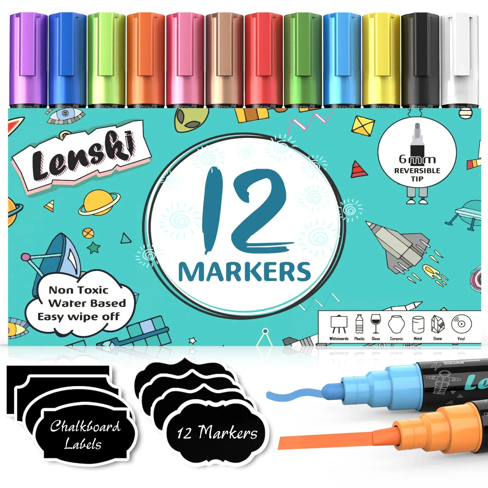 Lenski Chalk Markers, 12 Liquid Chalk Markers for Chalkboard, Window Markers for Glass Washable, Chalkboard Markers for Kids, Dr