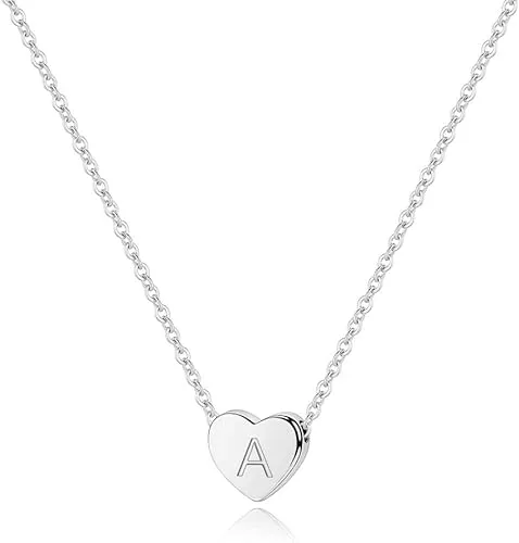 S925 Sterling Silver Heart Initial Necklace - White Gold 14K Gold Plated Silver 