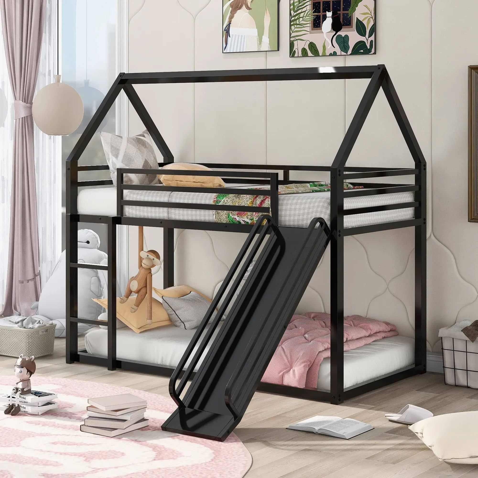 Harper & Bright Designs House Bunk Bed with Slide and Ladder, Metal Low Bunk Bed ...