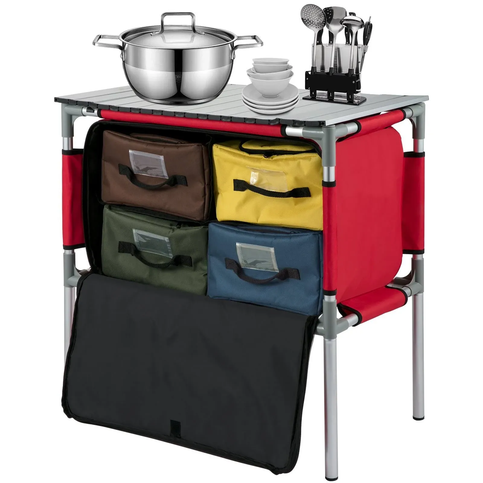 Camping Kitchen Table, Aluminum Portable Folding Station with 4 Storage, 4 Detachable Legs and Carry Bag, Quick Installation for Outdoor Picnic Beach Party Cooking, Red