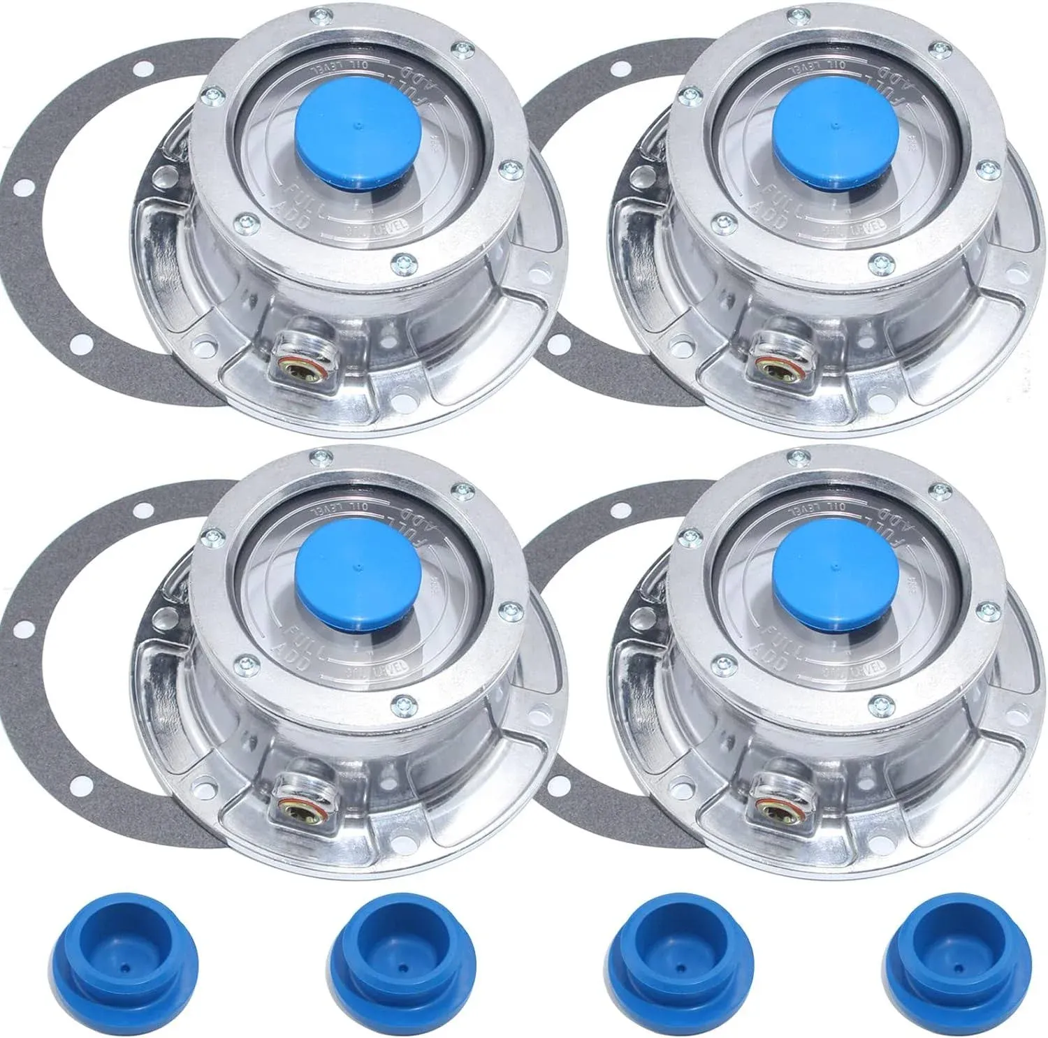 iBroPrat 4pcs 343-4009 Aluminum Hub Cap for Trailer Axle, 3434009 6 Holes Hub Caps with Side Pipe Plugs Gaskets and Extra 4pcs Blue Rubb