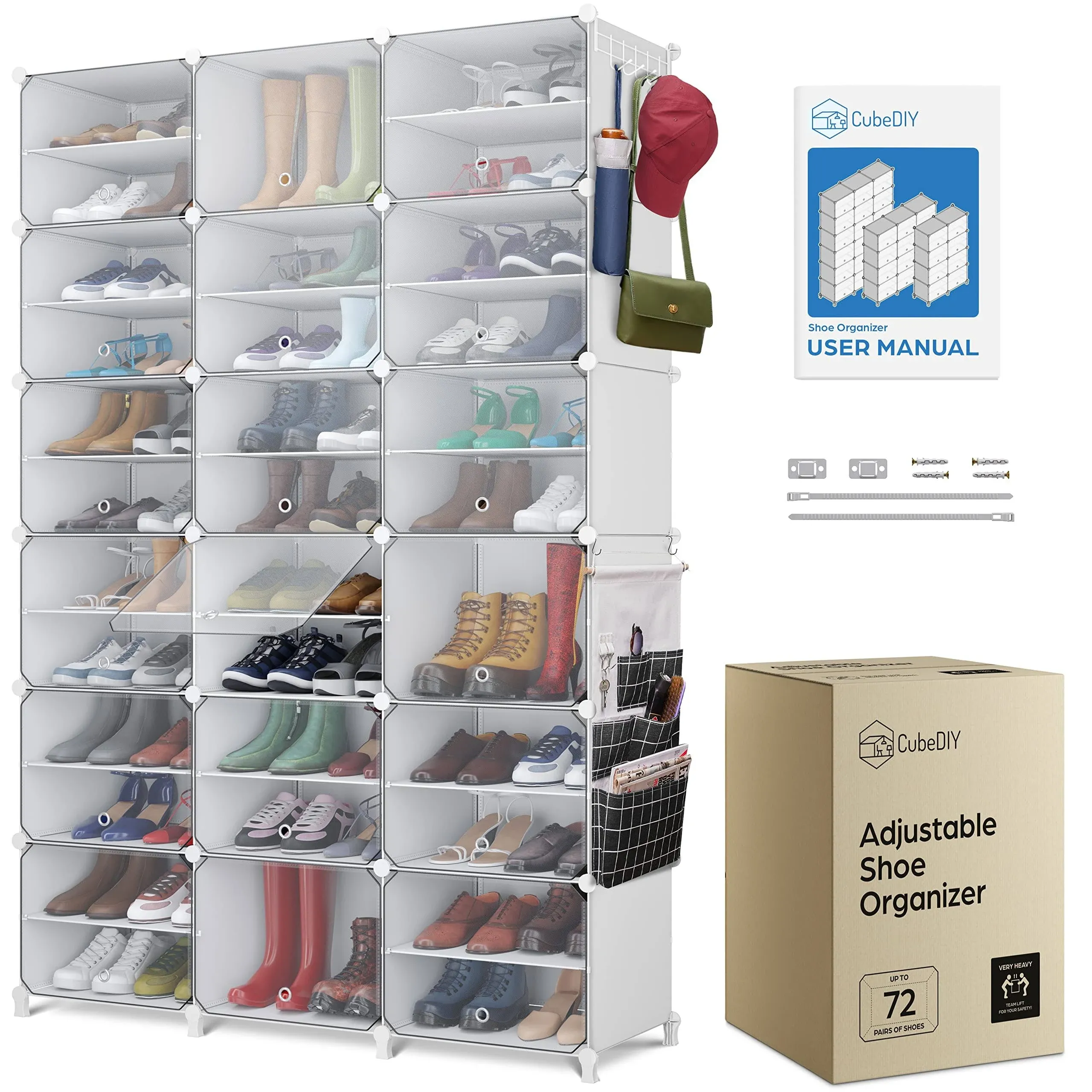 CUBEDIY Shoe Organizer Cabinet Up to 72 Pairs, Shoe Closet-Portable Closed Shoe Rack with See-Through Door (Clear, Plastic, Stackable) Cubby Shoes