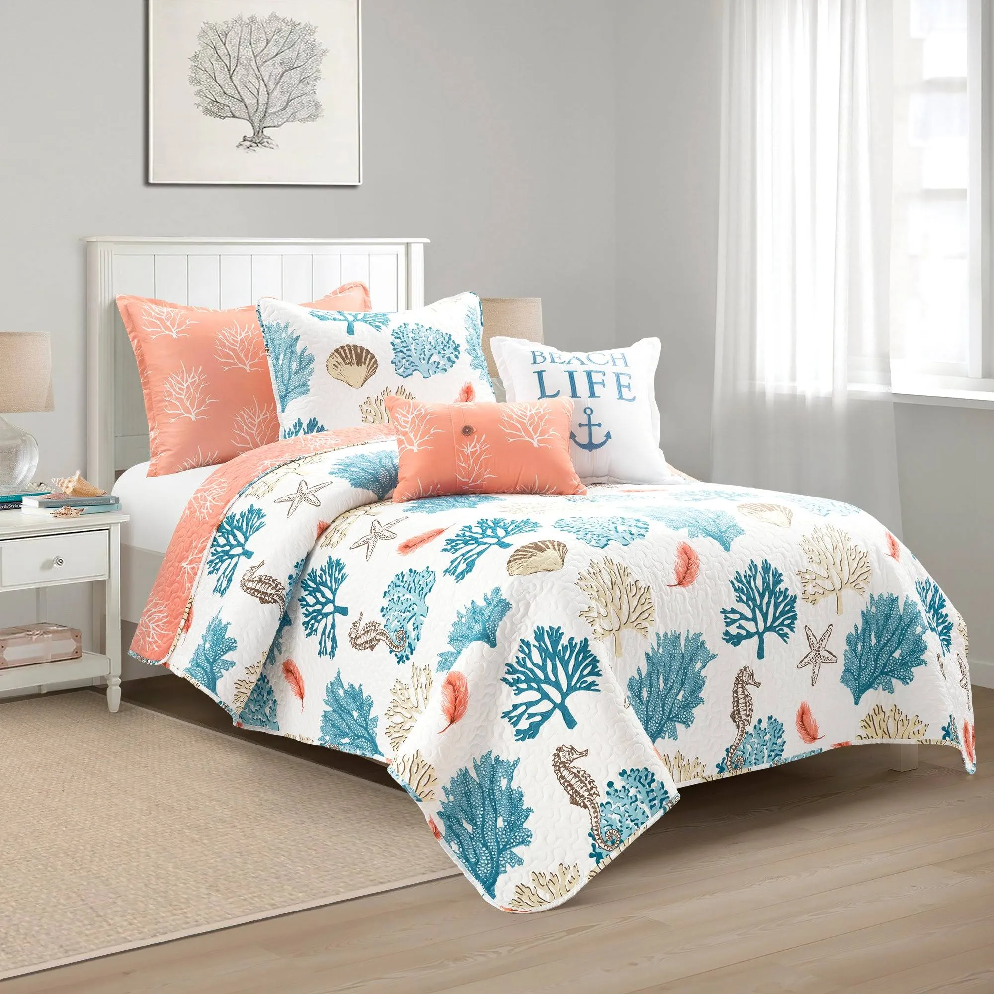  Coastal Reef Feather Reversible Oversized 5 Piece Quilt Set, Blue Twin/Twin-XL