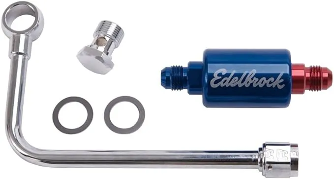 Edelbrock Single Feed Fuel Line Kit Chrome With Blue Anodized Aluminum Filter For Performer/Thunder AVS Carbs