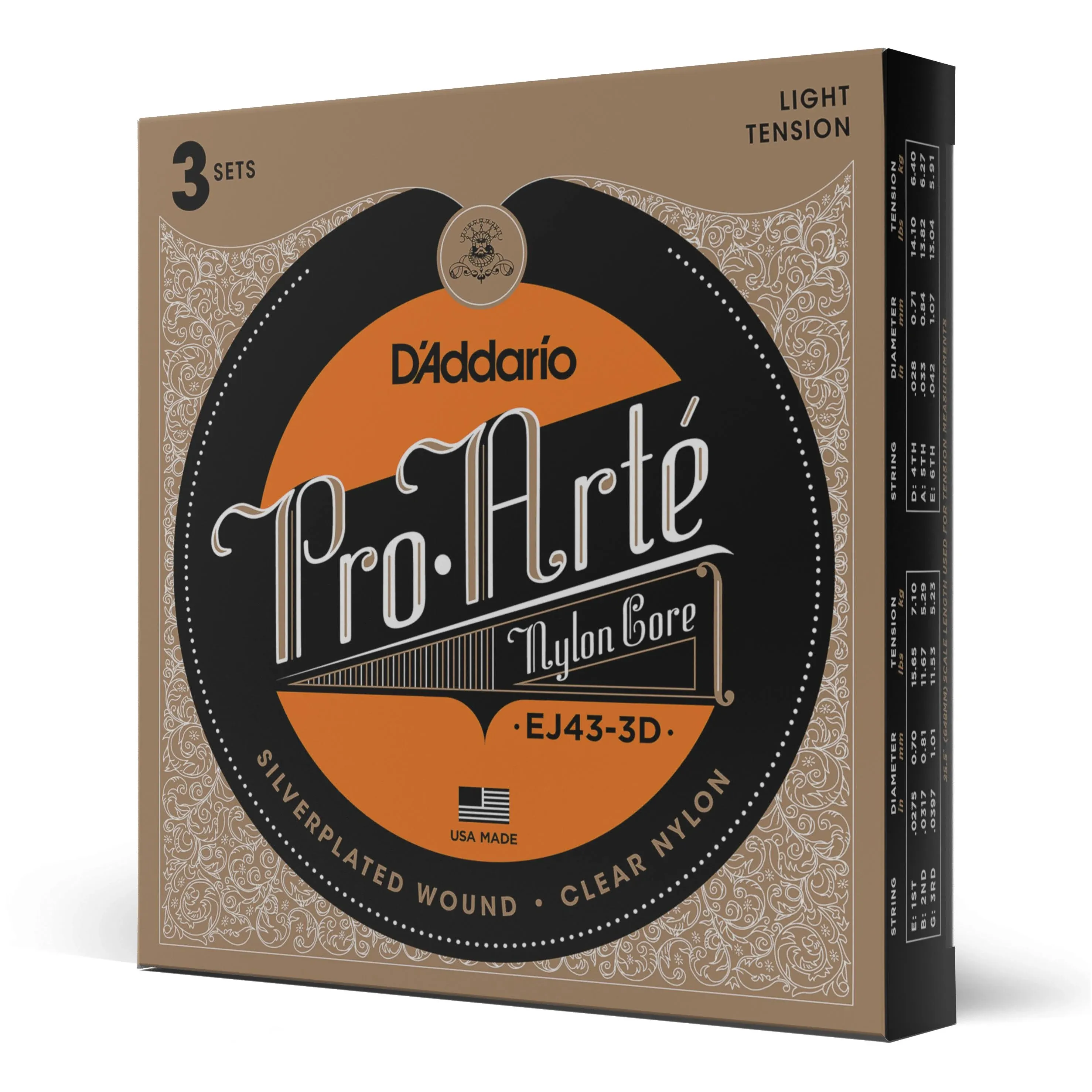 D'Addario EJ43 Pro-Arte Nylon Classical Guitar Strings, Light Tension (3)