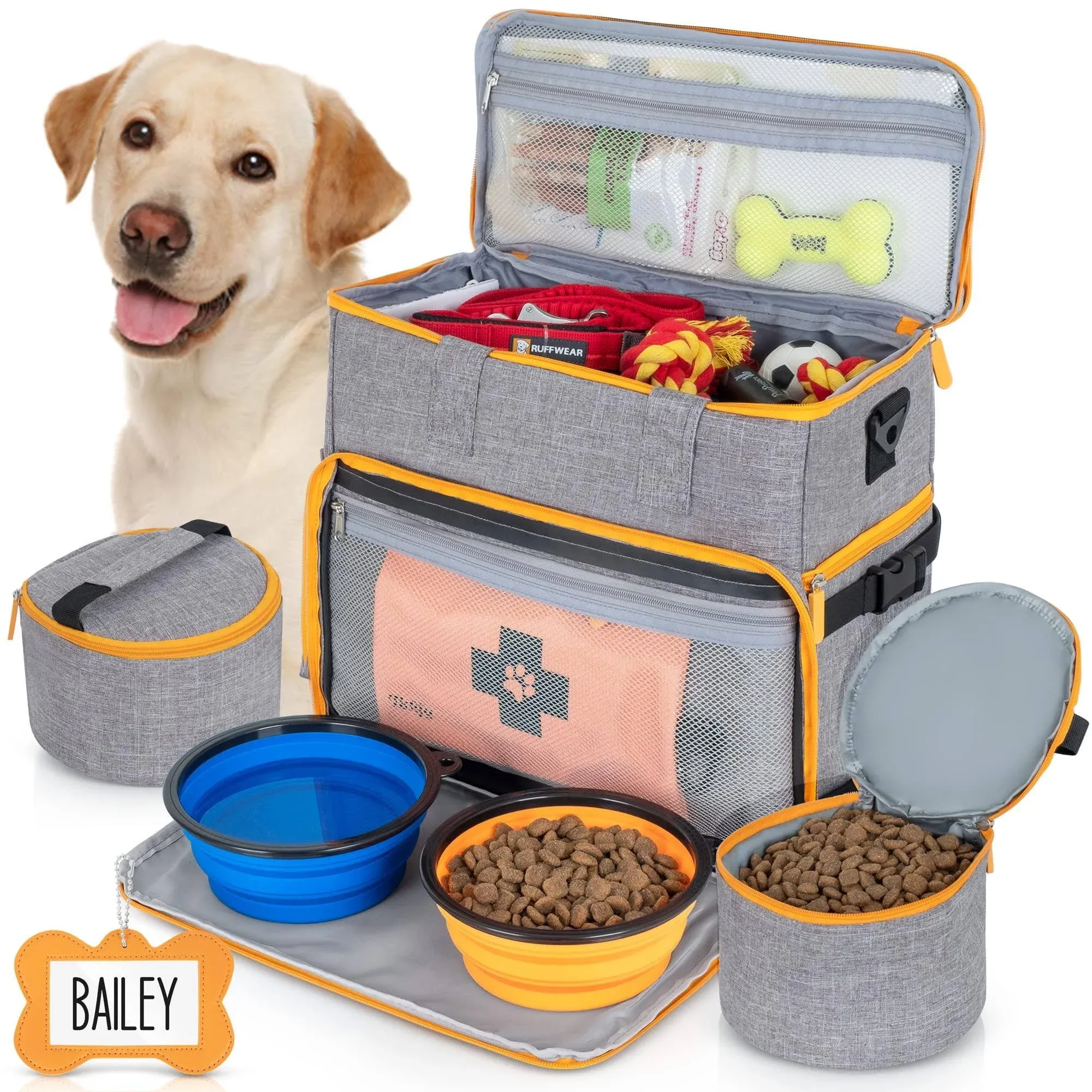 Dog Travel Bag Airline Approved Travel Set for Dog and Cat Tote Organizer with Multi Function Pockets, 2 Food Containers and Collapsible Bowls, Weekend Away Dog Bag for Travel Accessories - Gray