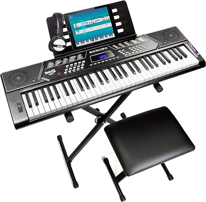 RockJam 61 Key Keyboard Piano With Pitch Bend Kit, Keyboard Stand, Piano Bench, Headphones, Simply Piano App & Keynote Stickers