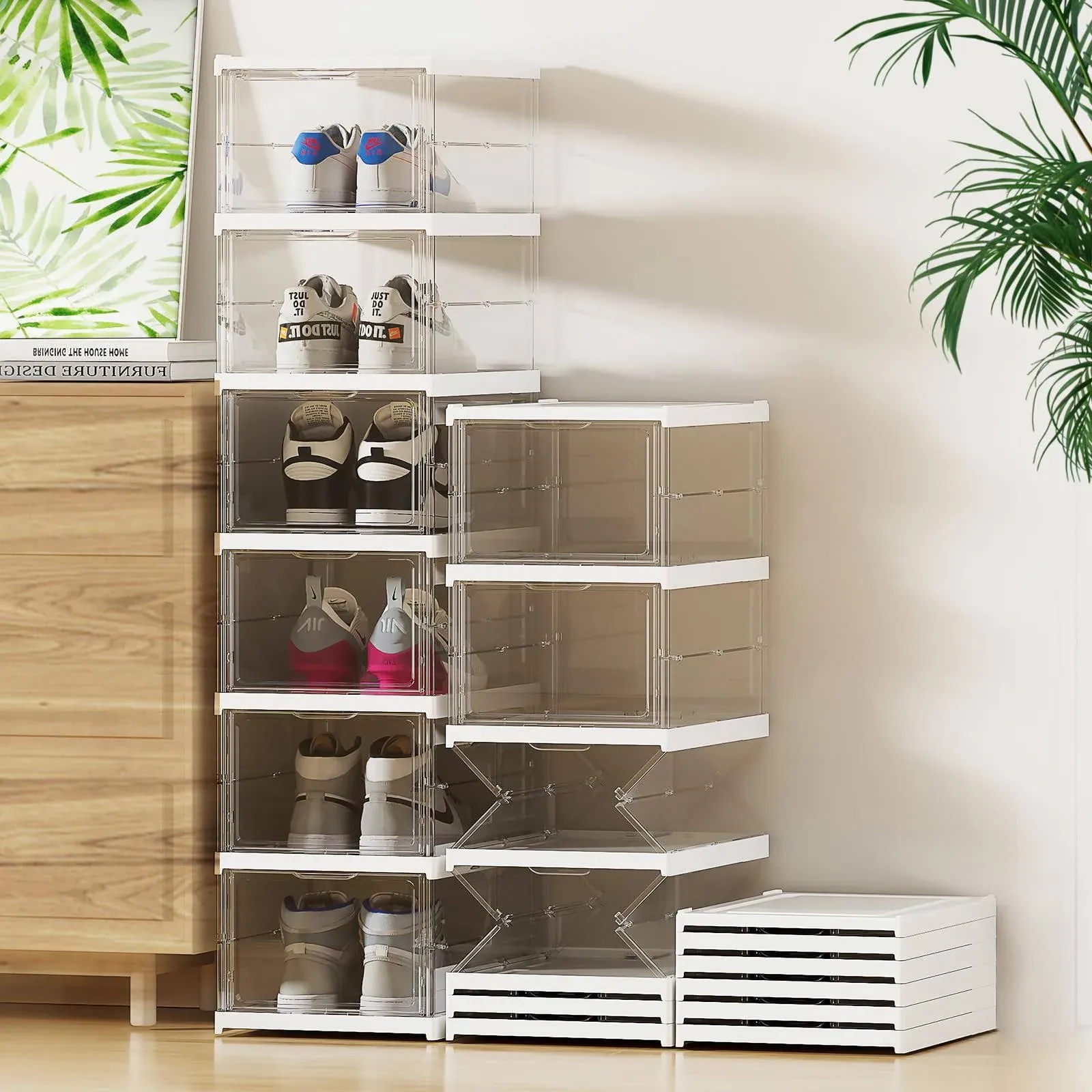 6 Tier Stackable Shoe Storage Boxes Shoe Organizer w/ Lids Shoe Rack Shelf US