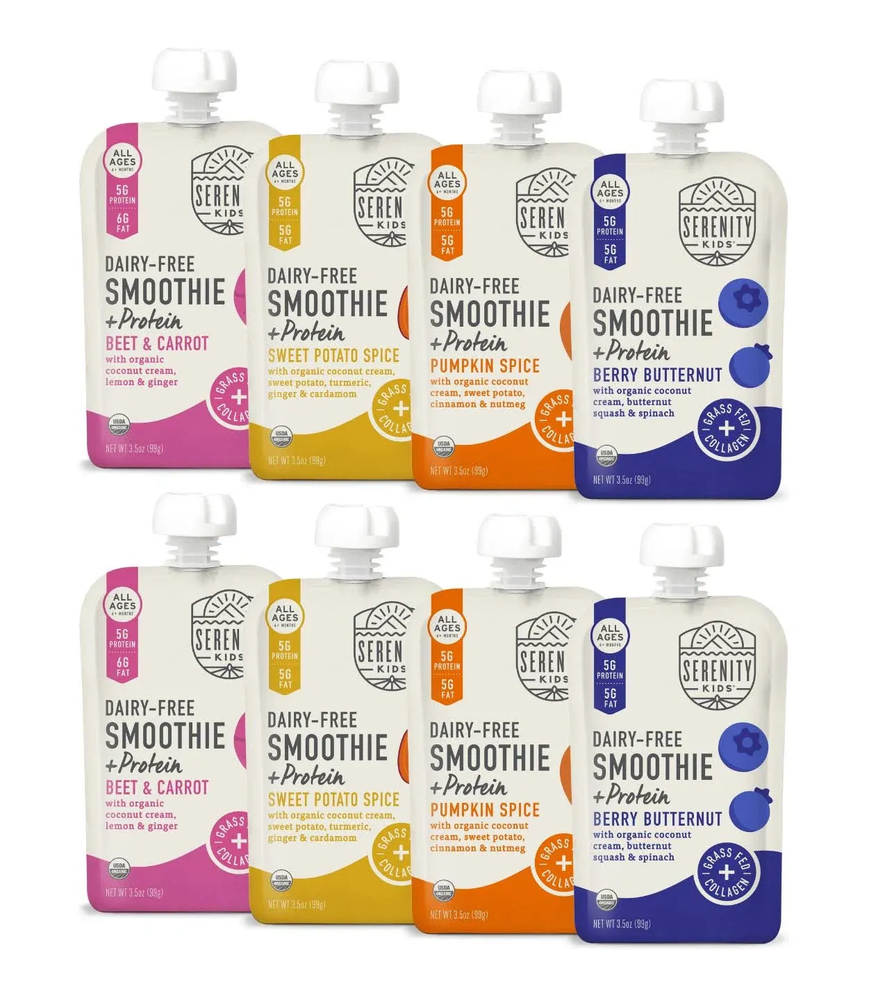 Serenity Kids 6+ Months Dairy-Free Smoothie Baby Food | USDA Organic | Grass Fed Collagen Protein | 3.5 Ounce BPA-Free Pouch | Variety Pack | 8 Count