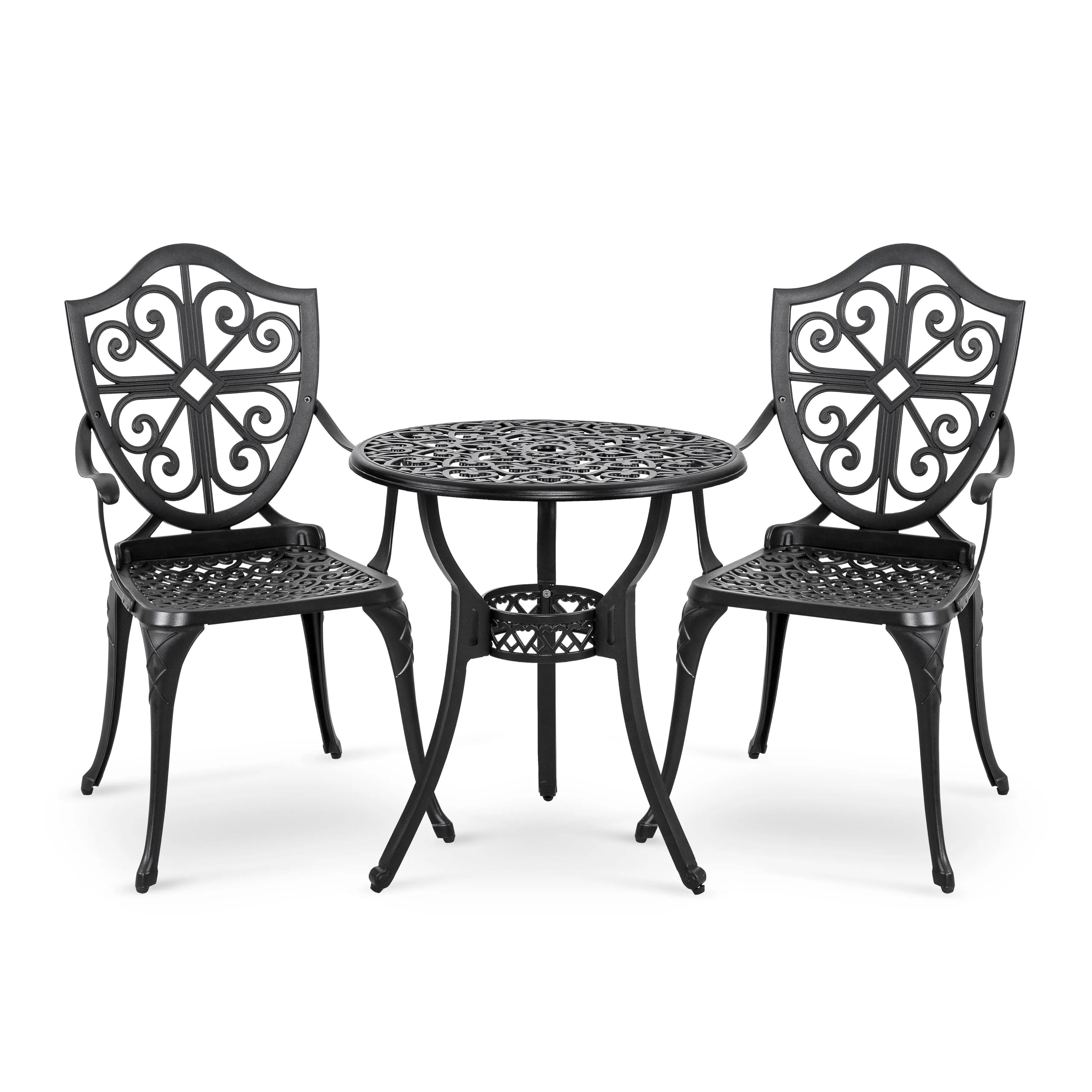 Nuu Garden 3 Piece Outdoor Bistro Set, Round Cast Aluminum Bistro Table with Umbrella Hole and 2 Cast Aluminum Bistro Chairs, for Patio, Garden, Backyard and Balcony, Black