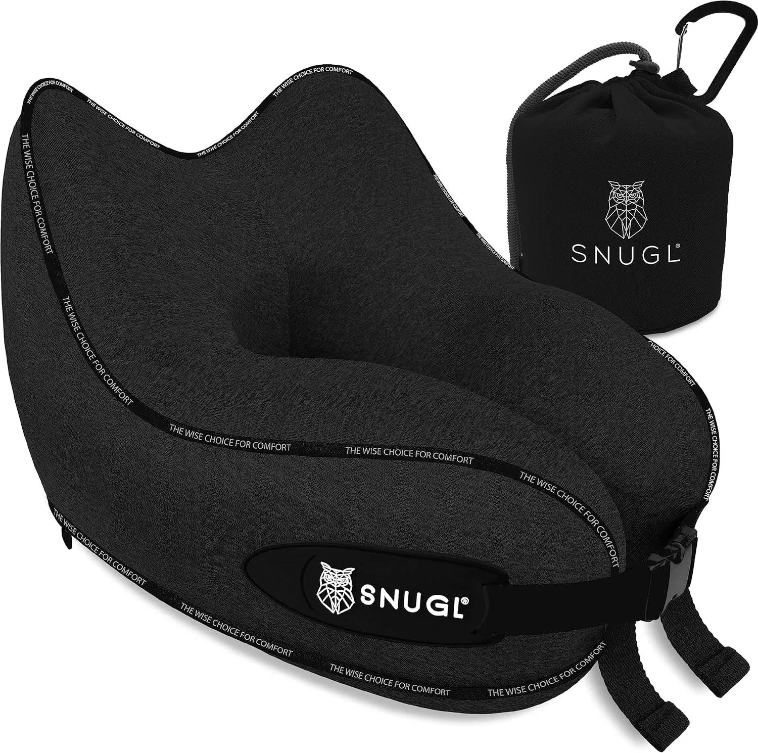 SNUGL Flight Pillow - Memory Foam Neck Cushion | Support Neck Pillow for Travel, Airplane with Carry Bag & Clip | Flying Travel Essentials (Jet Black - Regular)