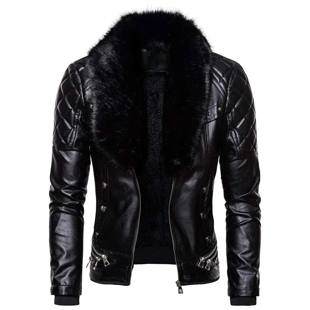 SPE969 Men's Zipper Removable Fur Collar Jacket,Leather Vintage Steam Pocket Punk ...