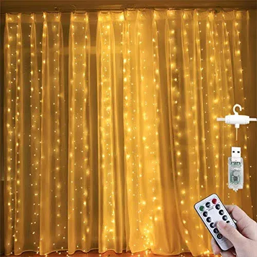 CXYHMG LED Curtain String Lights, 1 Pcs 300 Fairy Window Light with Remote, 8 ...