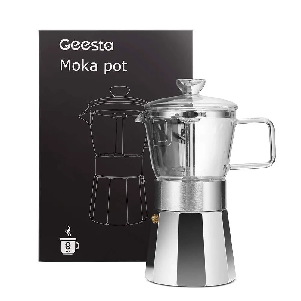 Premium Crystal Glass-Top Stovetop Espresso Moka Pot - 9 Cup - Coffee Maker, 360