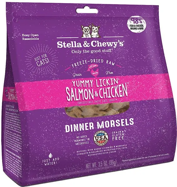 Stella & Chewy’s Freeze-Dried Raw Cat Dinner Morsels – Grain Free, Protein Rich Cat & Kitten Food – Yummy Lickin’ Salmon & Chicken Recipe – 3.5 oz Bag