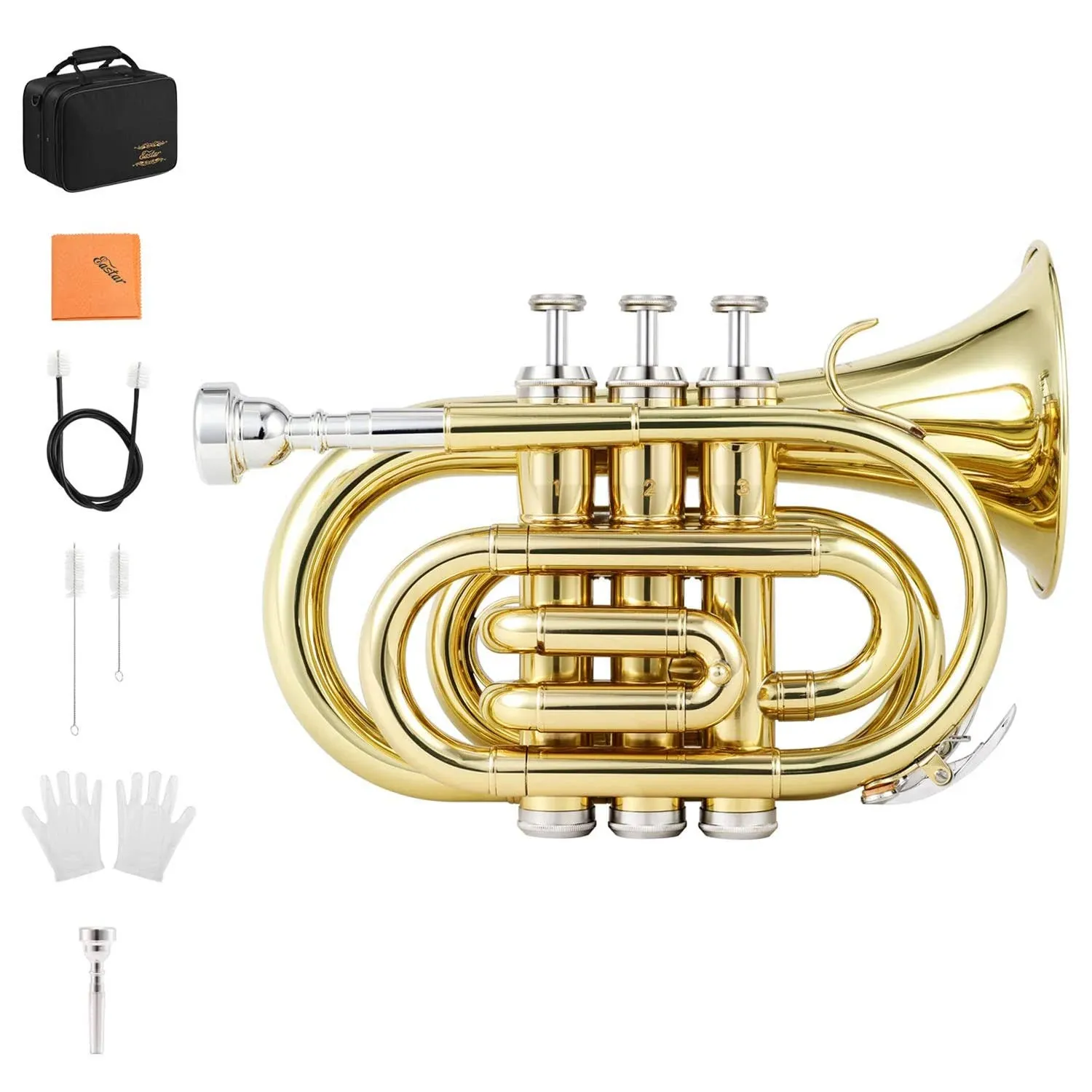 Eastar Pocket Trumpet B Flat Brass Bb Pocket Trumpet with Mouthpiece 7C, Cleaning Cloth, Hard Case, Gloves, Full Kit, Gold Lacquer, ETR-330