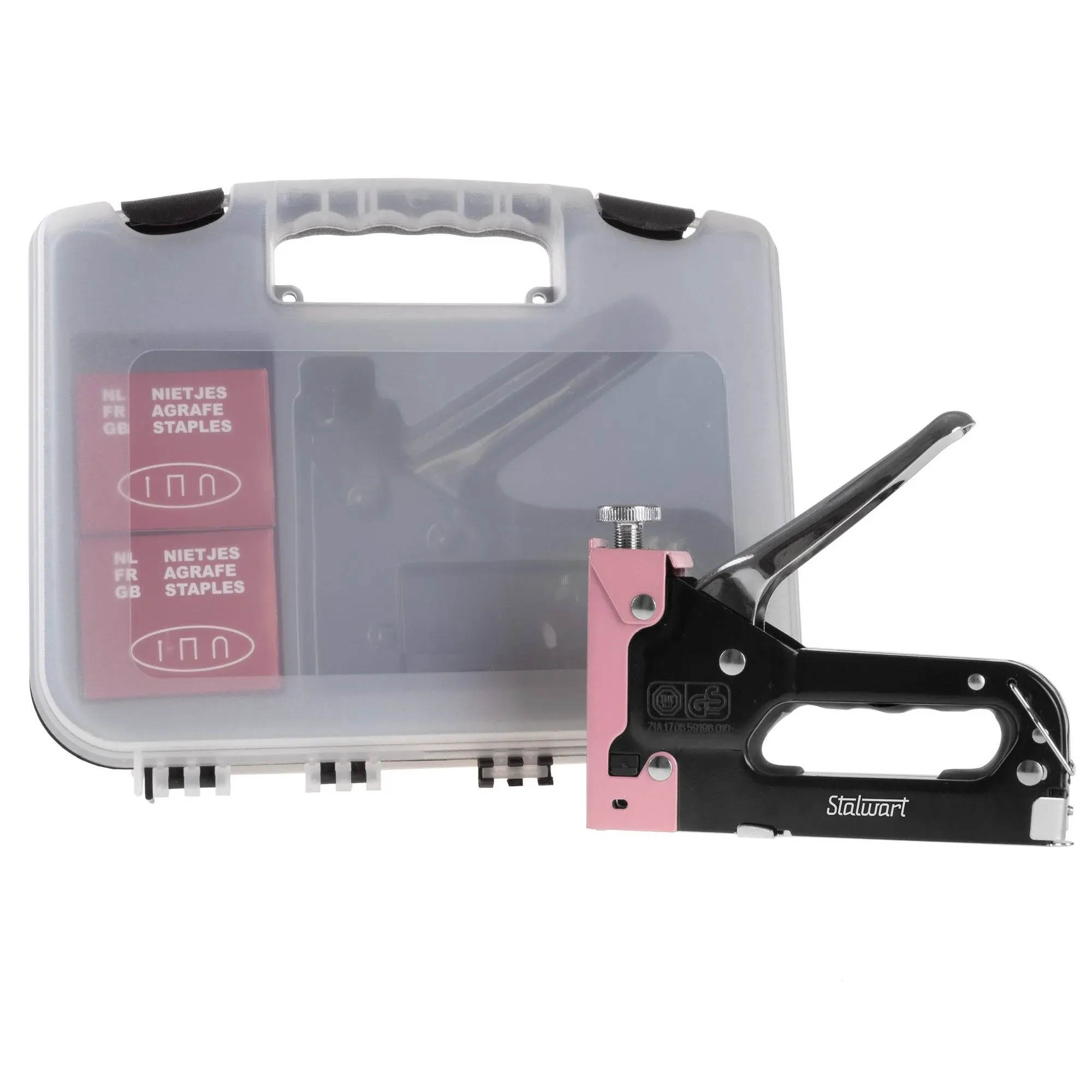 Staple Gun - Light Duty Stapler for Fabrics, Crafts, Cardboard, and Bulletin Boards - 600 Staples and Carrying Case Included by Stalwart (Pink)